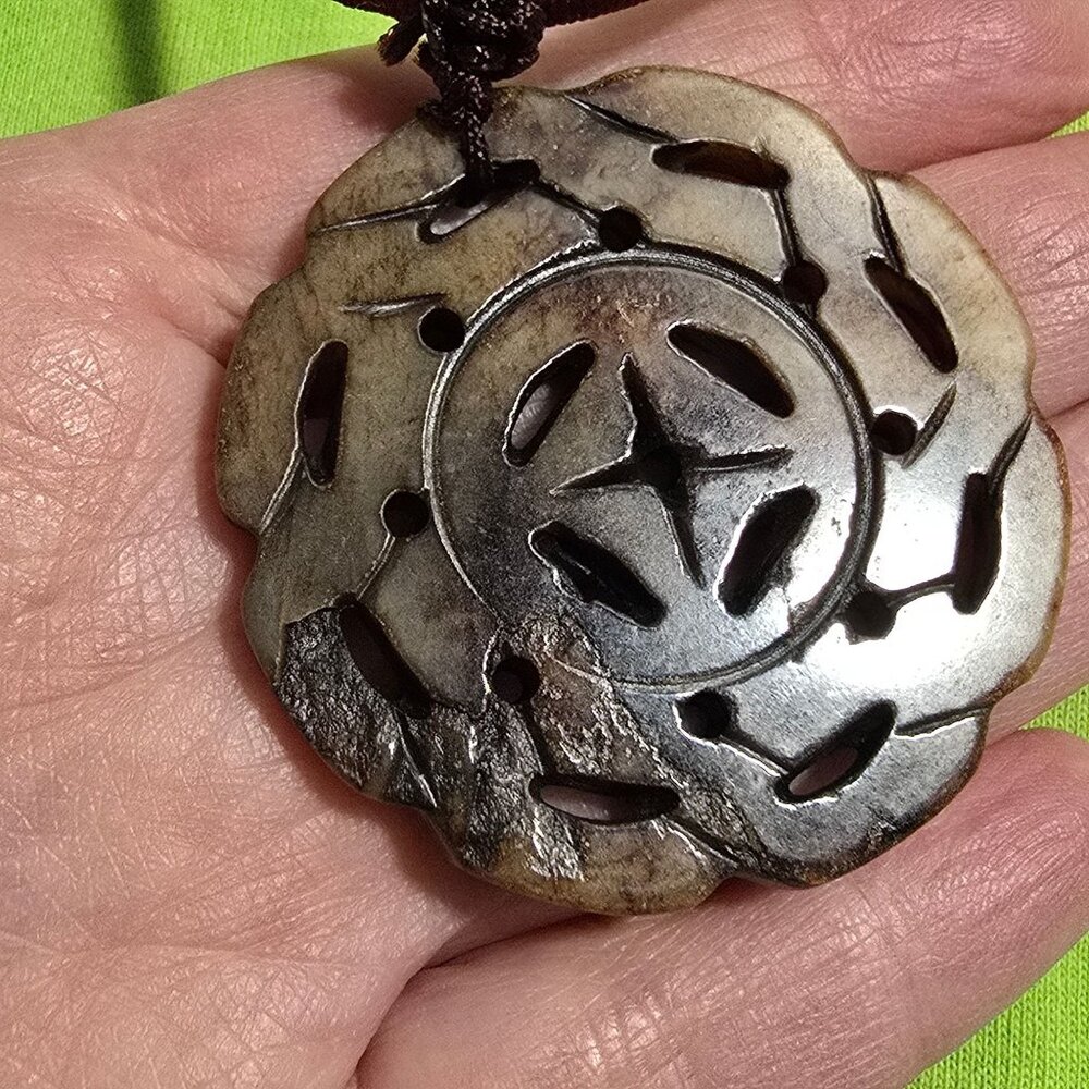 Hand-Carved Floral Jadeite Pendant Necklace With Adjustable Burgundy Cord - Picture 9 of 10